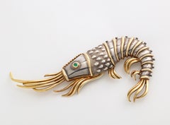 Tiffany & Co. 18K Gold and 925 Silver Lobster Shrimp Pin / Brooch with Emerald