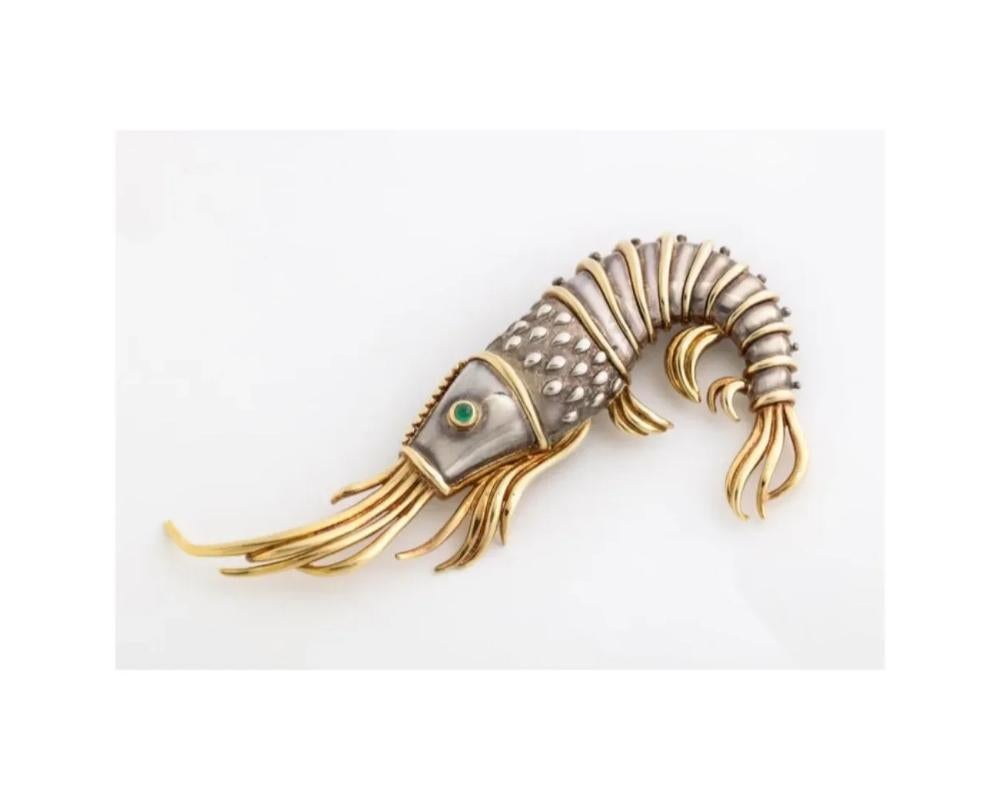 Women's Tiffany & Co. 18K Gold and 925 Silver Lobster Shrimp Pin / Brooch with Emerald