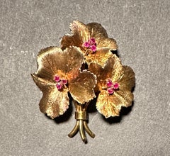 Tiffany & Co. 18K Gold And Ruby Leaf Form Brooch Pin