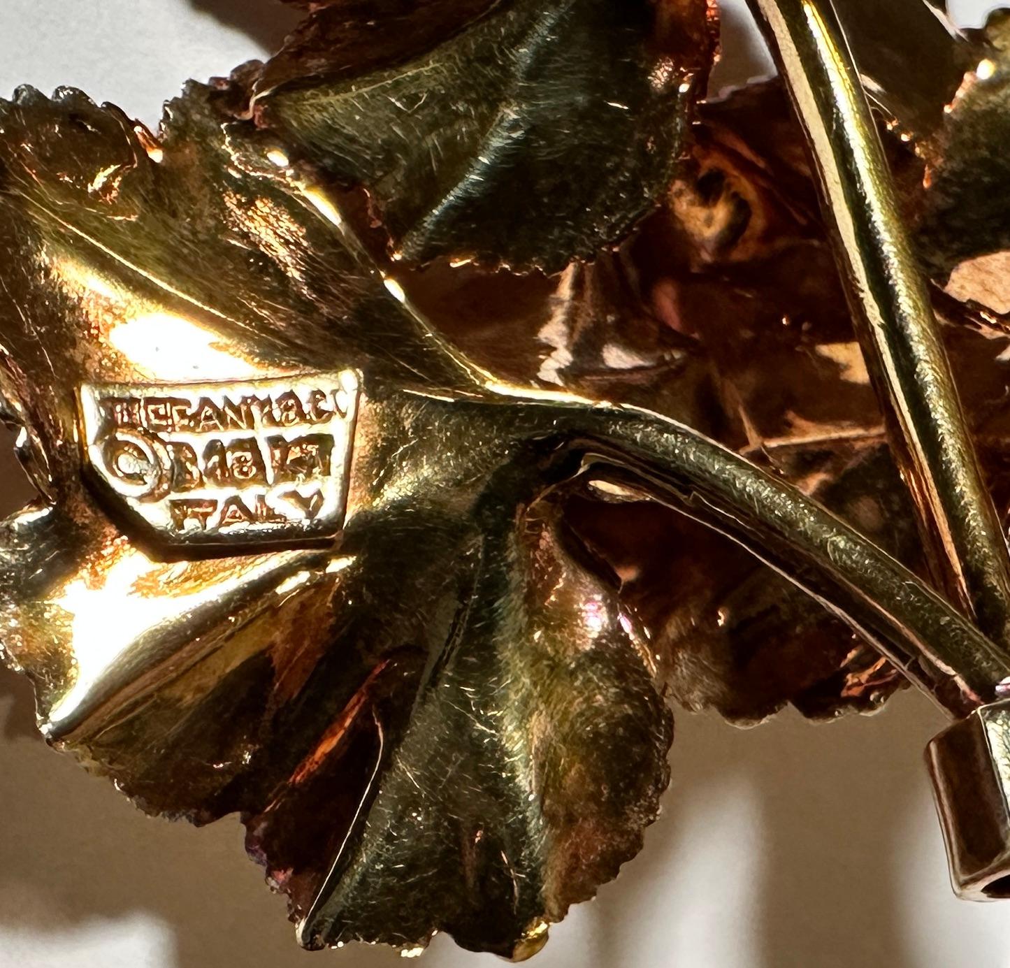 Tiffany & Co. 18K Gold And Ruby Leaf Form Brooch Pin In Good Condition For Sale In Norwood, NJ