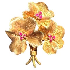 Tiffany & Co. 18K Gold And Ruby Leaf Form Brooch Pin