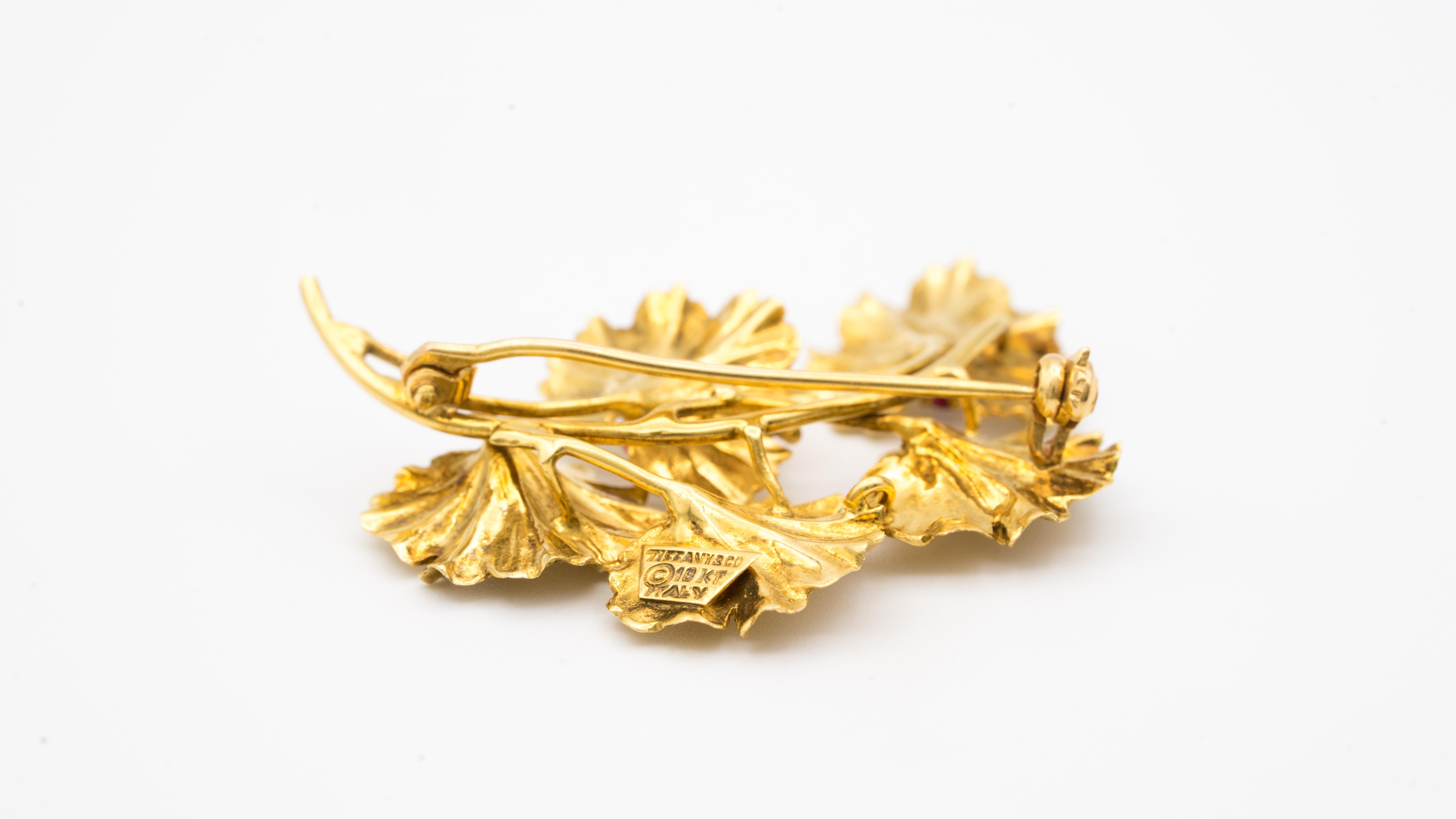 Tiffany & Co. 18 Karat Gold and Ruby Leaves Brooch, circa 1950s 1