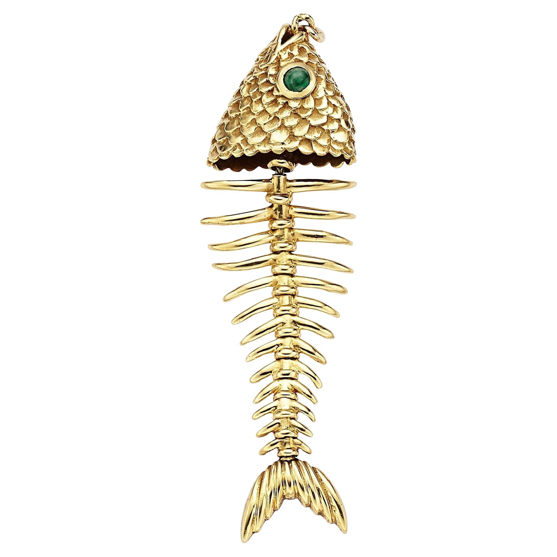 Tiffany & Co. 18k Gold Articulating Fish Skeleton Pendant with Emerald
