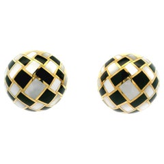 Tiffany & Co. 18k Gold Black Jade MOP Pearl Checkerboard Large Button Earrings