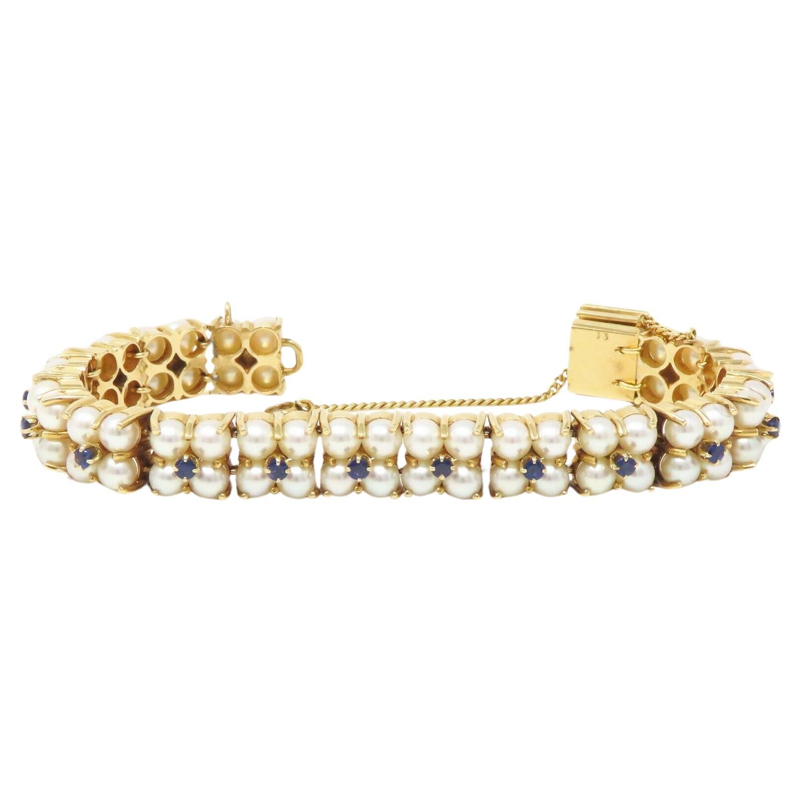 Round Cut Tiffany & Co. 18k Gold Bracelet Blue Sapphires and Pearls For Sale