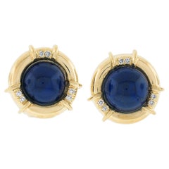 Tiffany & Co. 18K Gold Cabochon Lapis & 0.15ctw Diamonds Omega Button Earrings
