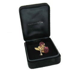 Tiffany & Co 18k Gold Carved Pink Tourmaline Raspberry Textured Leaves Brooch