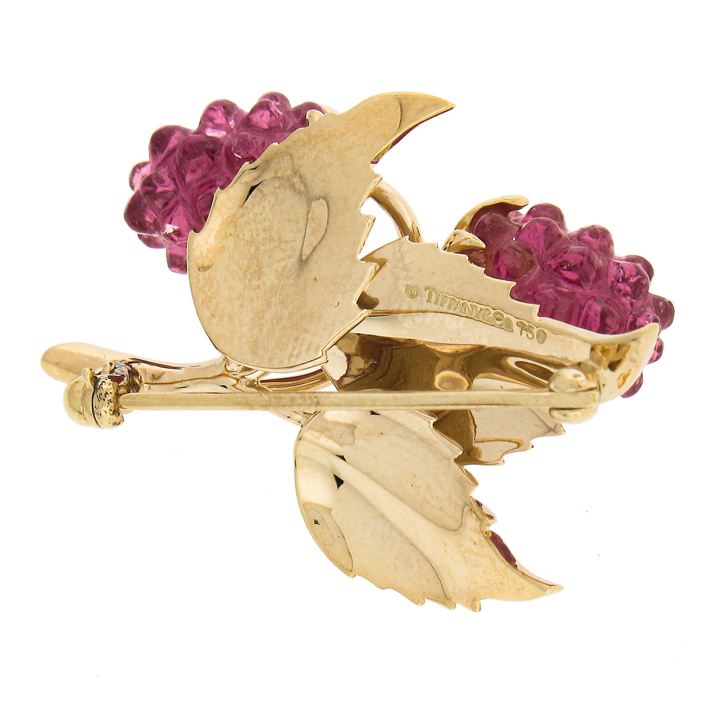 Uncut Tiffany & Co 18k Gold Carved Pink Tourmaline Raspberry Textured Leaves Brooch For Sale