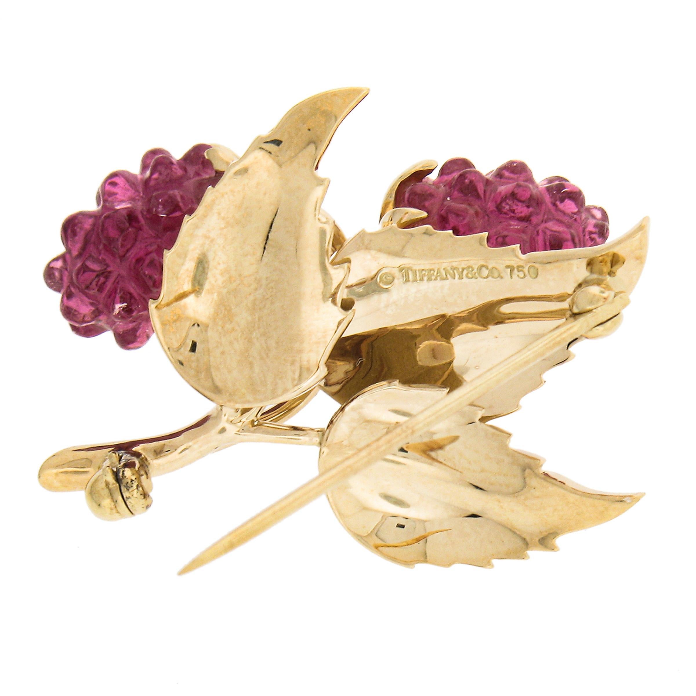 Tiffany & Co 18k Gold Carved Pink Tourmaline Raspberry Textured Leaves Brooch In Excellent Condition For Sale In Montclair, NJ