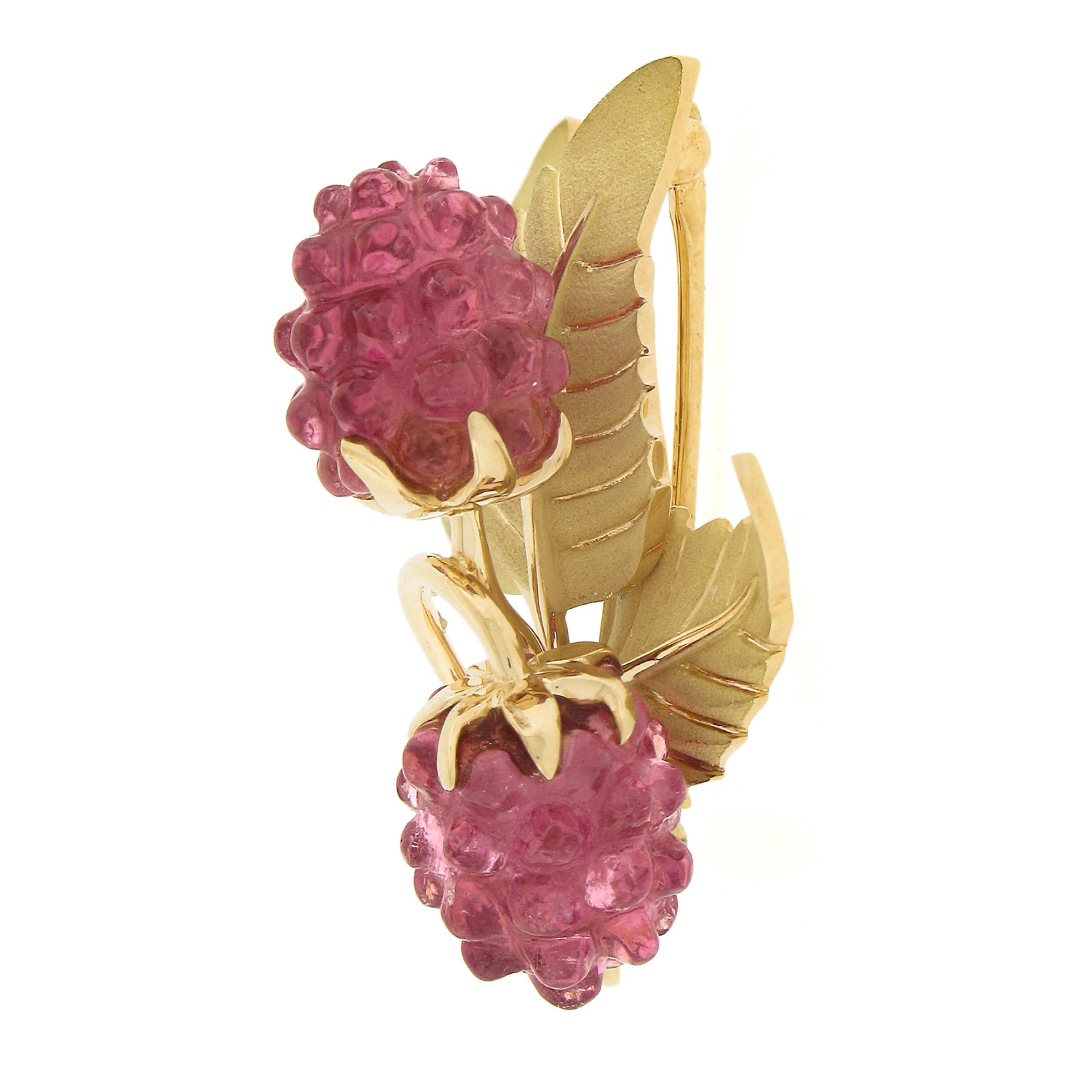 Women's Tiffany & Co 18k Gold Carved Pink Tourmaline Raspberry Textured Leaves Brooch For Sale