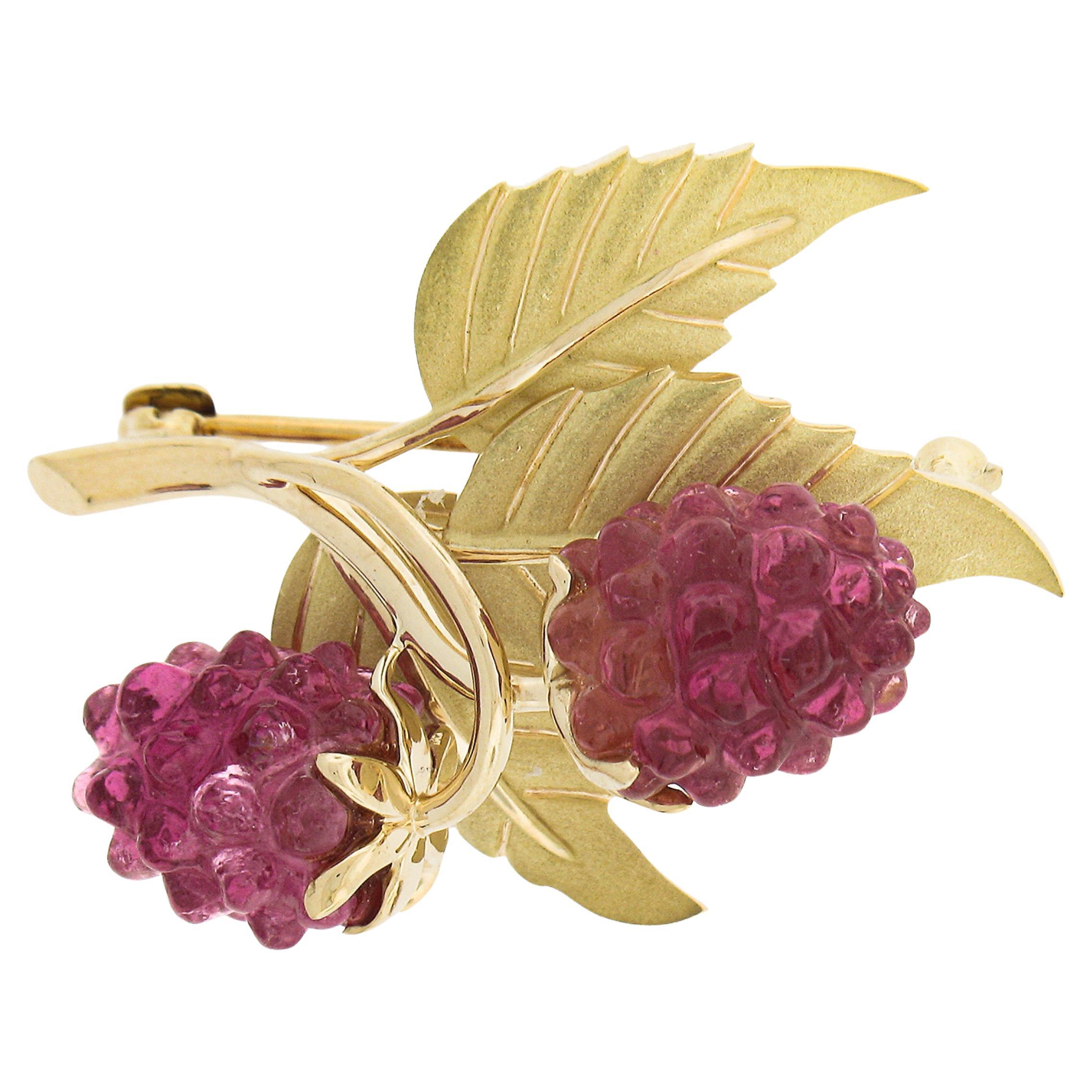 Tiffany & Co 18k Gold Carved Pink Tourmaline Raspberry Textured Leaves Brooch For Sale