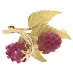 Tiffany & Co 18k Gold Carved Pink Tourmaline Raspberry Textured Leaves Brooch