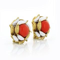 Tiffany & Co. 18 Karat Gold Coral White Enamel Clip-On Vintage Earrings
