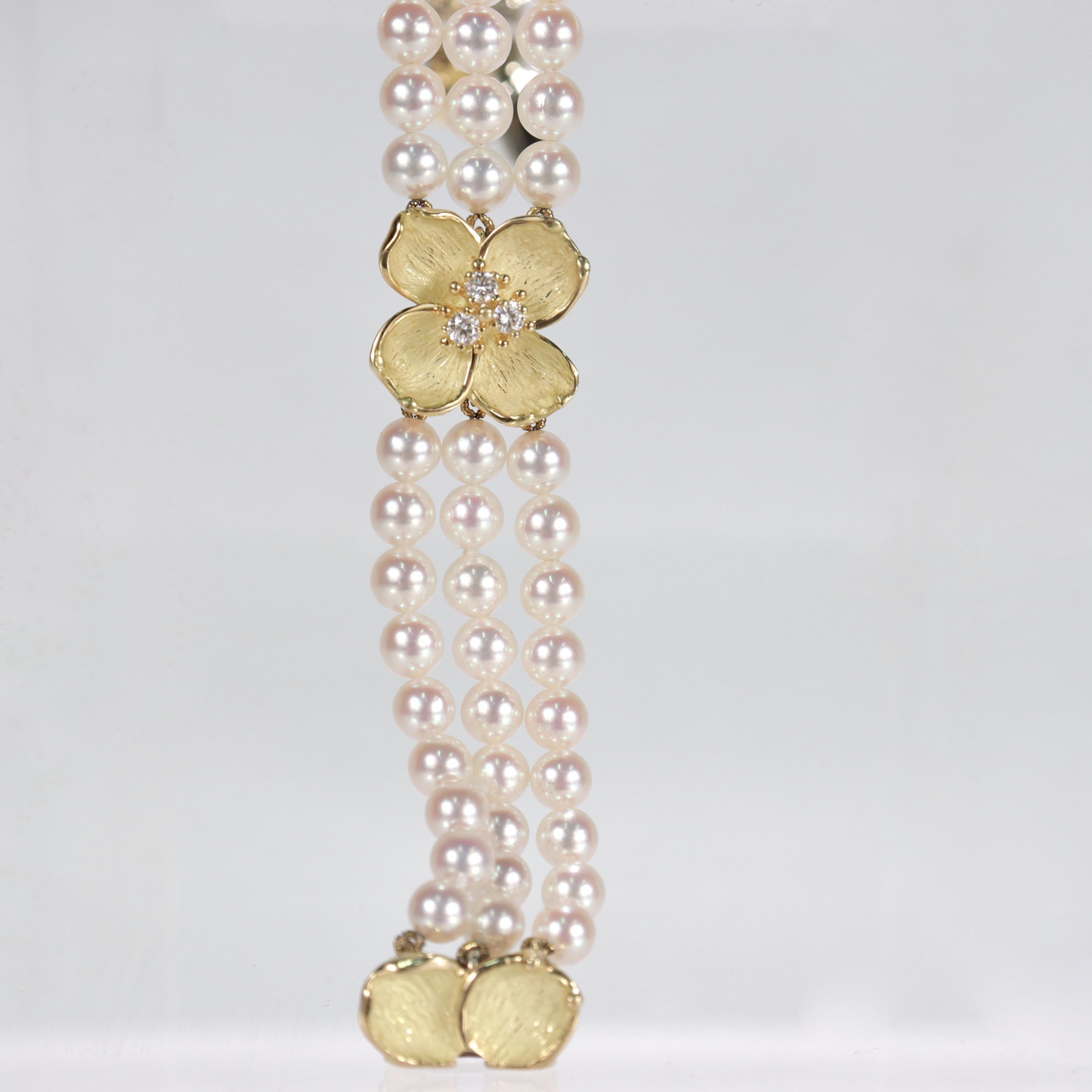 Tiffany & Co 18k Gold, Cultured Pearl and Diamond Dogwood Bracelet 1