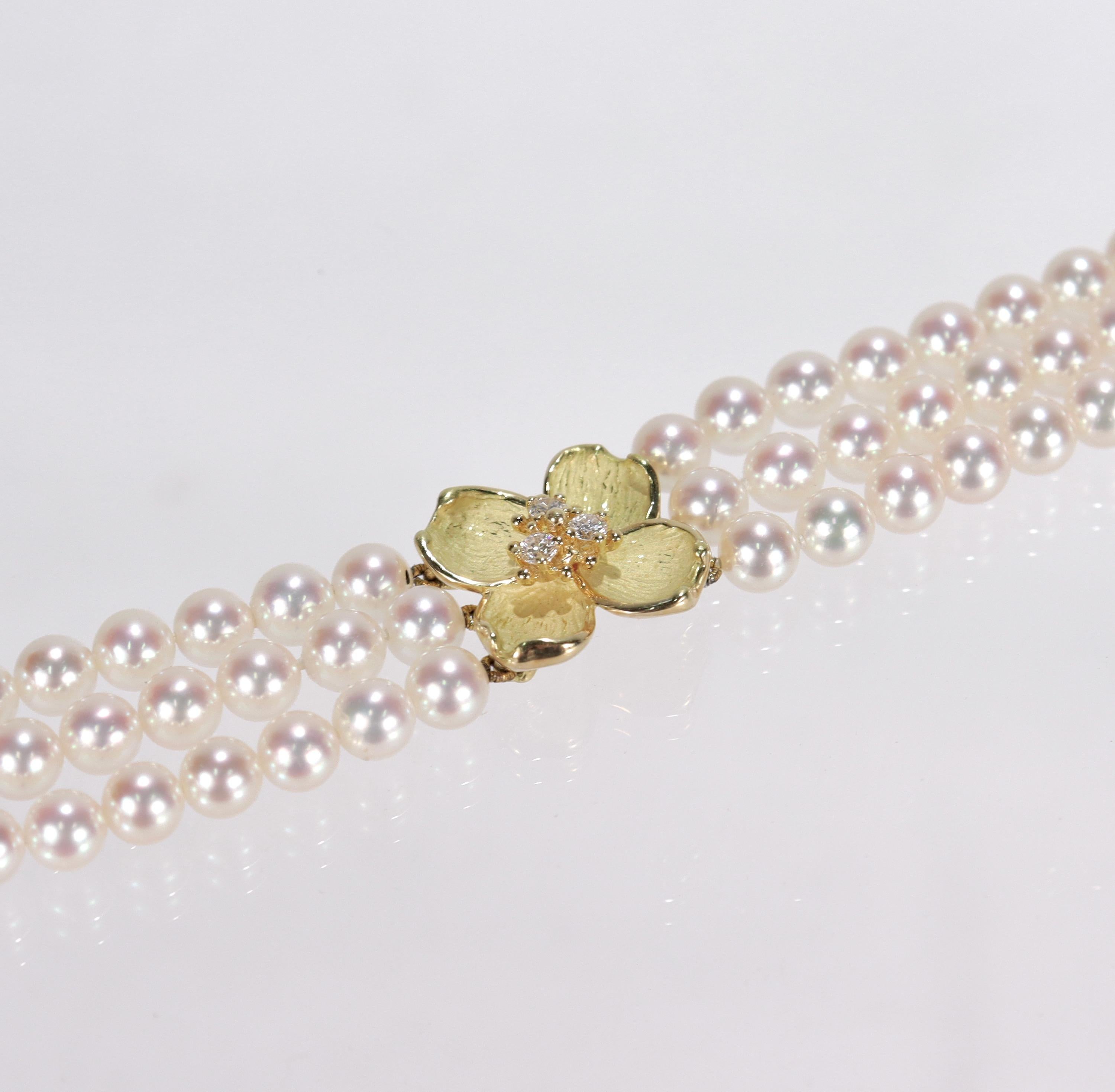Round Cut Tiffany & Co 18k Gold, Cultured Pearl and Diamond Dogwood Bracelet