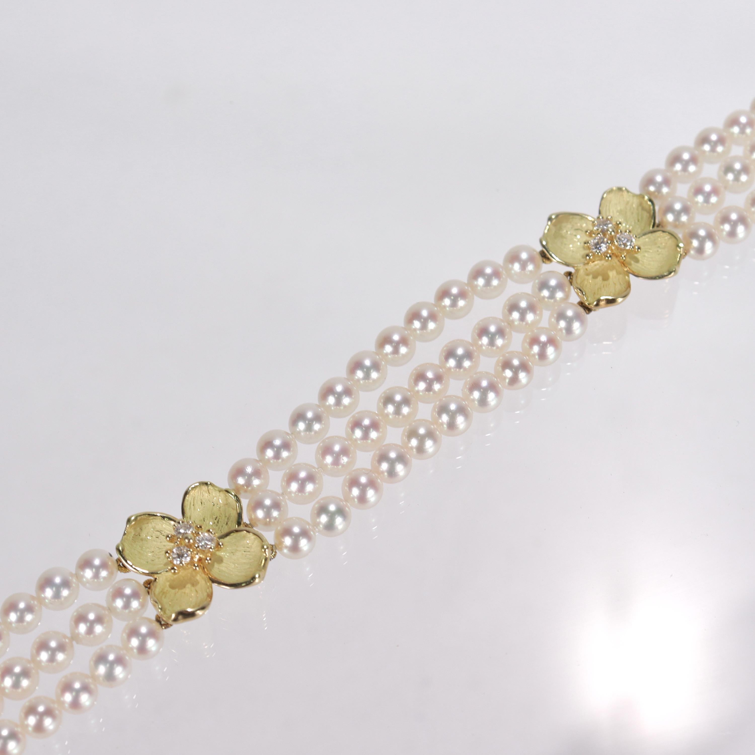 Tiffany & Co 18k Gold, Cultured Pearl and Diamond Dogwood Bracelet In Good Condition In Philadelphia, PA