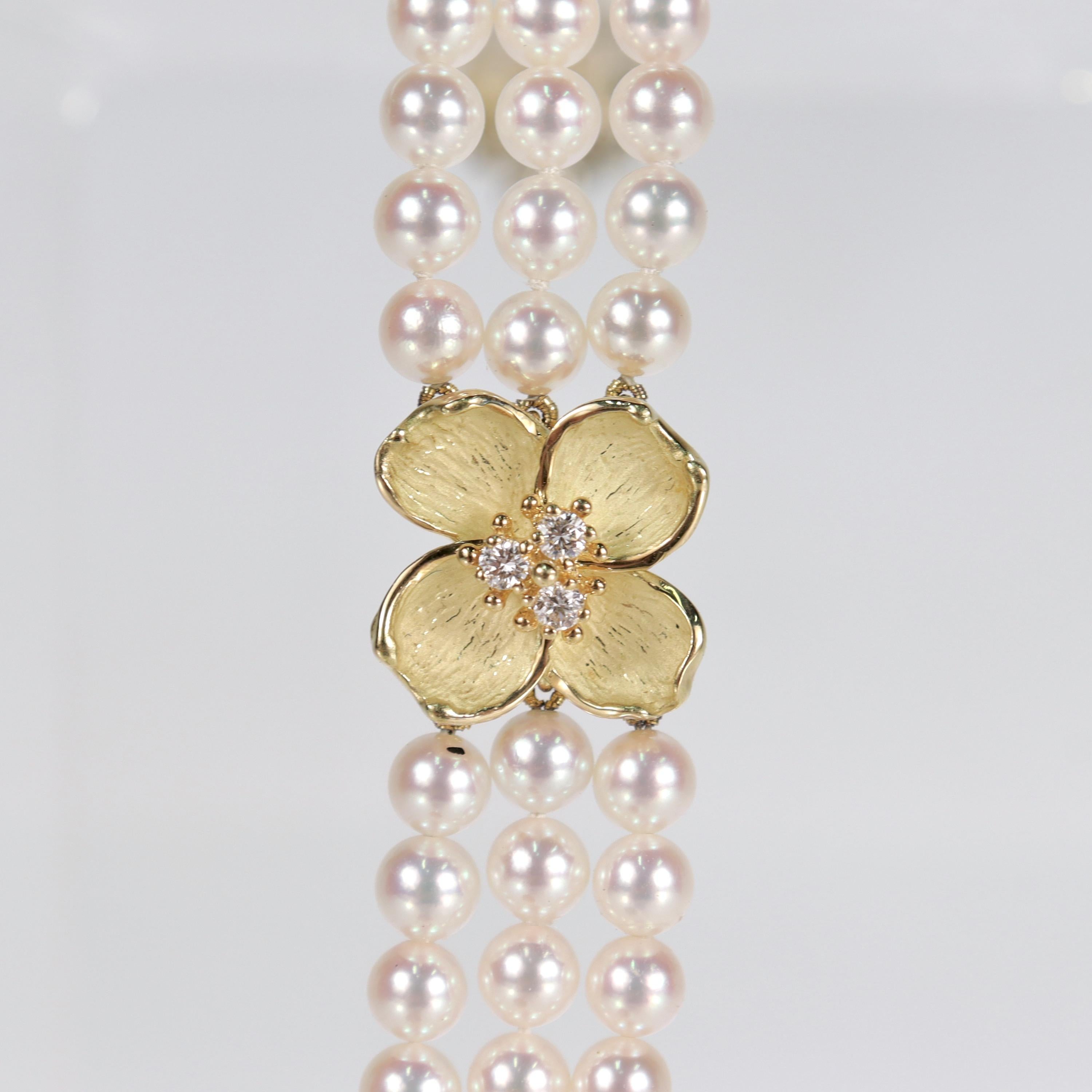 Women's Tiffany & Co 18k Gold, Cultured Pearl and Diamond Dogwood Bracelet