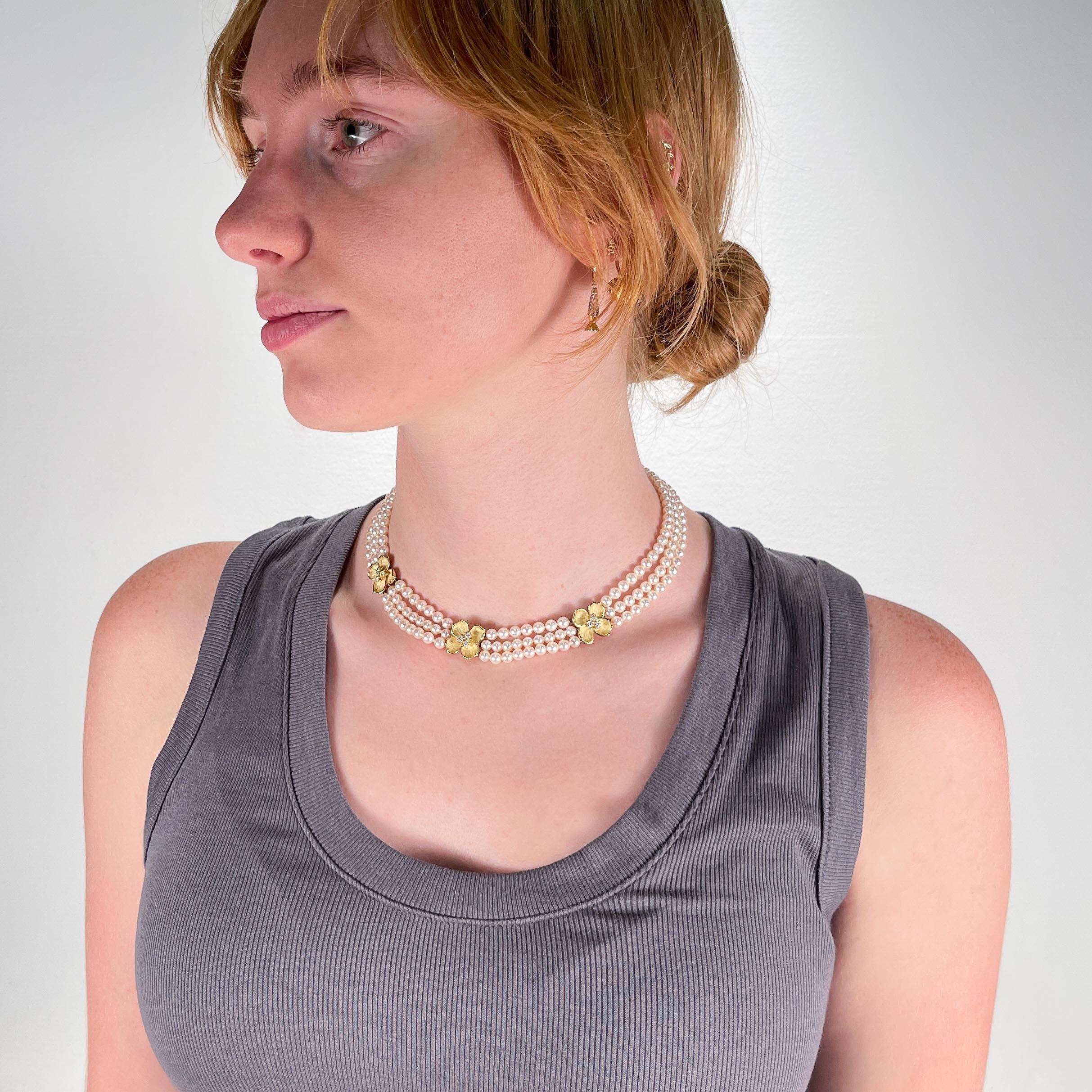Tiffany & Co 18k Gold, Cultured Pearl and Diamond Dogwood Necklace 3