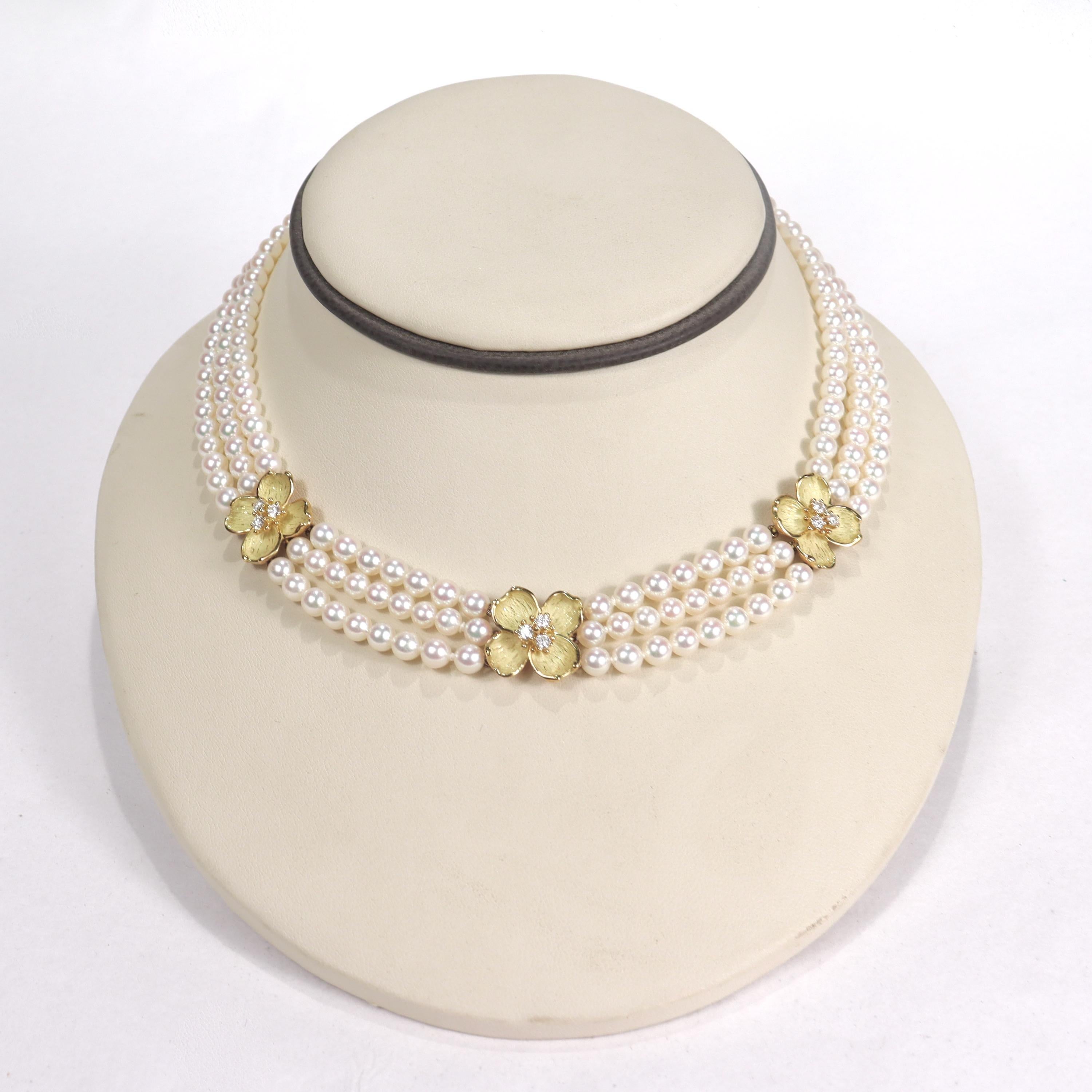 Tiffany & Co 18k Gold, Cultured Pearl and Diamond Dogwood Necklace 4