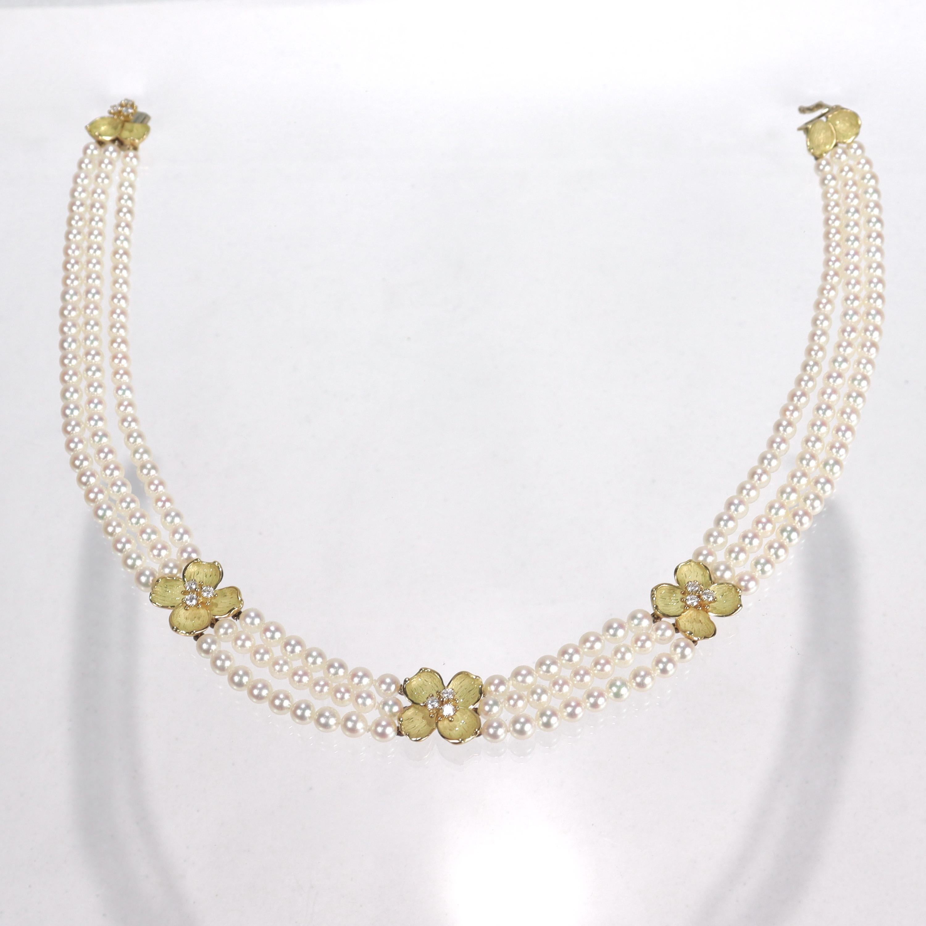 Modern Tiffany & Co 18k Gold, Cultured Pearl and Diamond Dogwood Necklace