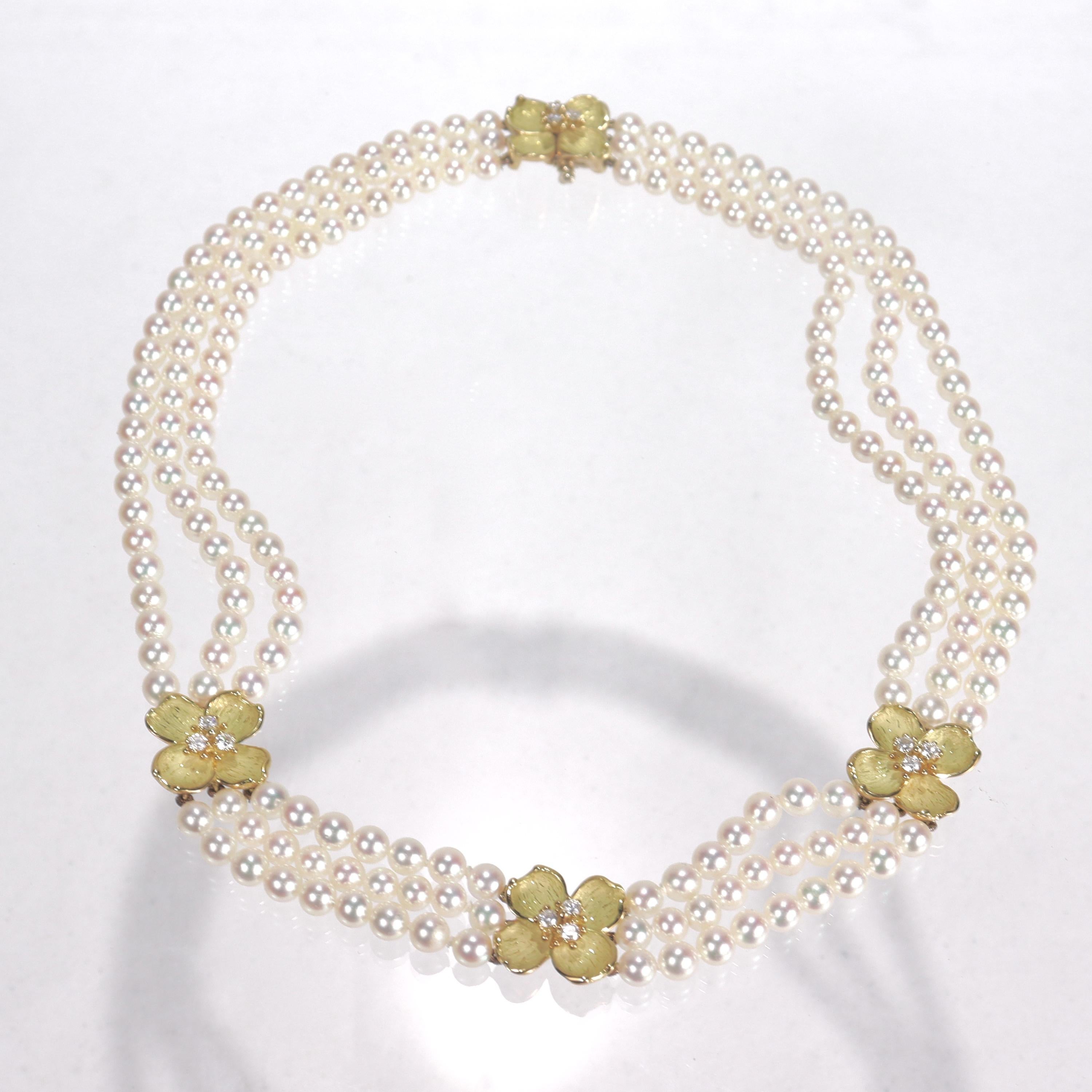 Round Cut Tiffany & Co 18k Gold, Cultured Pearl and Diamond Dogwood Necklace
