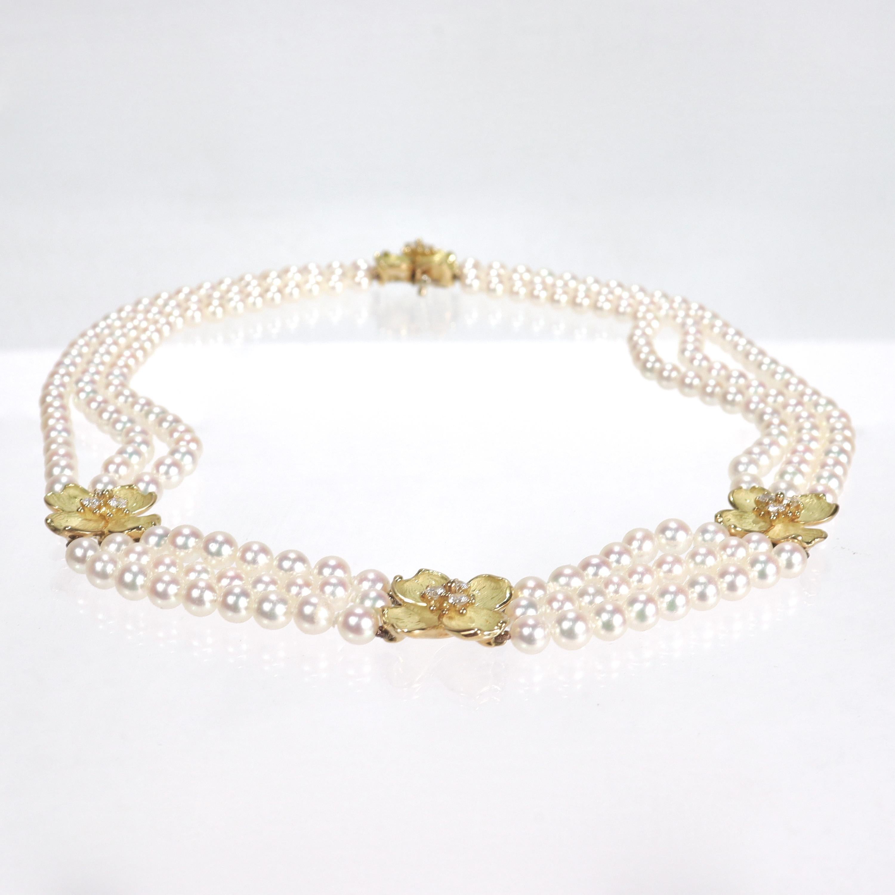 Tiffany & Co 18k Gold, Cultured Pearl and Diamond Dogwood Necklace In Good Condition In Philadelphia, PA