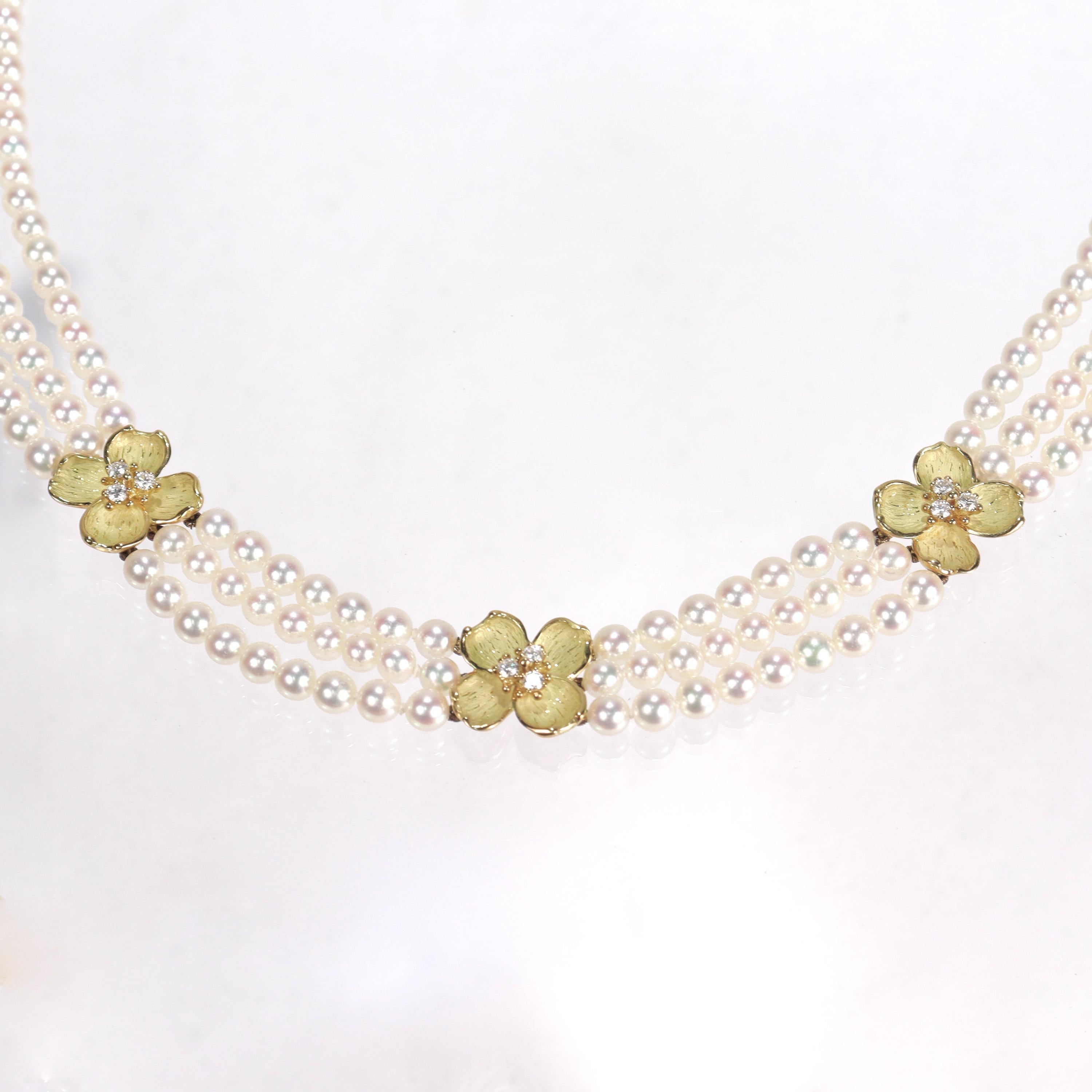 Women's Tiffany & Co 18k Gold, Cultured Pearl and Diamond Dogwood Necklace