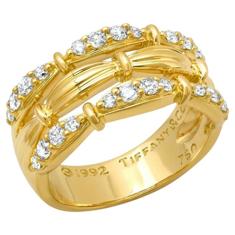TIFFANY & Co. 18K Gold Diamond 3 Row Signature Ring 7 For Sale