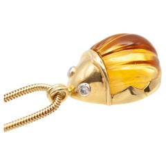 Tiffany & Co. 18K Gold Diamond Carved Citrine Scarab Pendant Necklace c.1990s