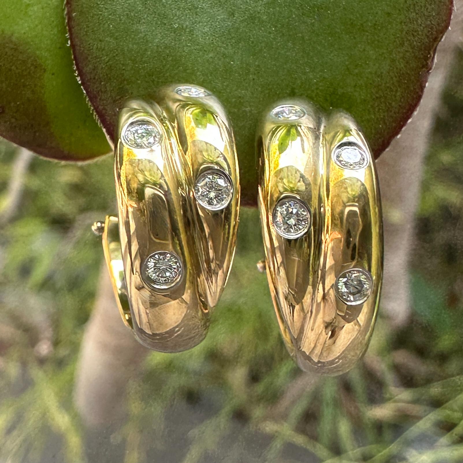 Contemporary Tiffany & Co. 18K Gold & Diamond Etoile Hoops with Platinum Bezels, Circa 1990