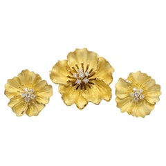 Tiffany & Co 18K Gold Diamond Flower Brooch Pendant & Earrings Set