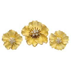 Tiffany & Co 18K Gold Diamond Flower Brooch Pendant & Earrings Set