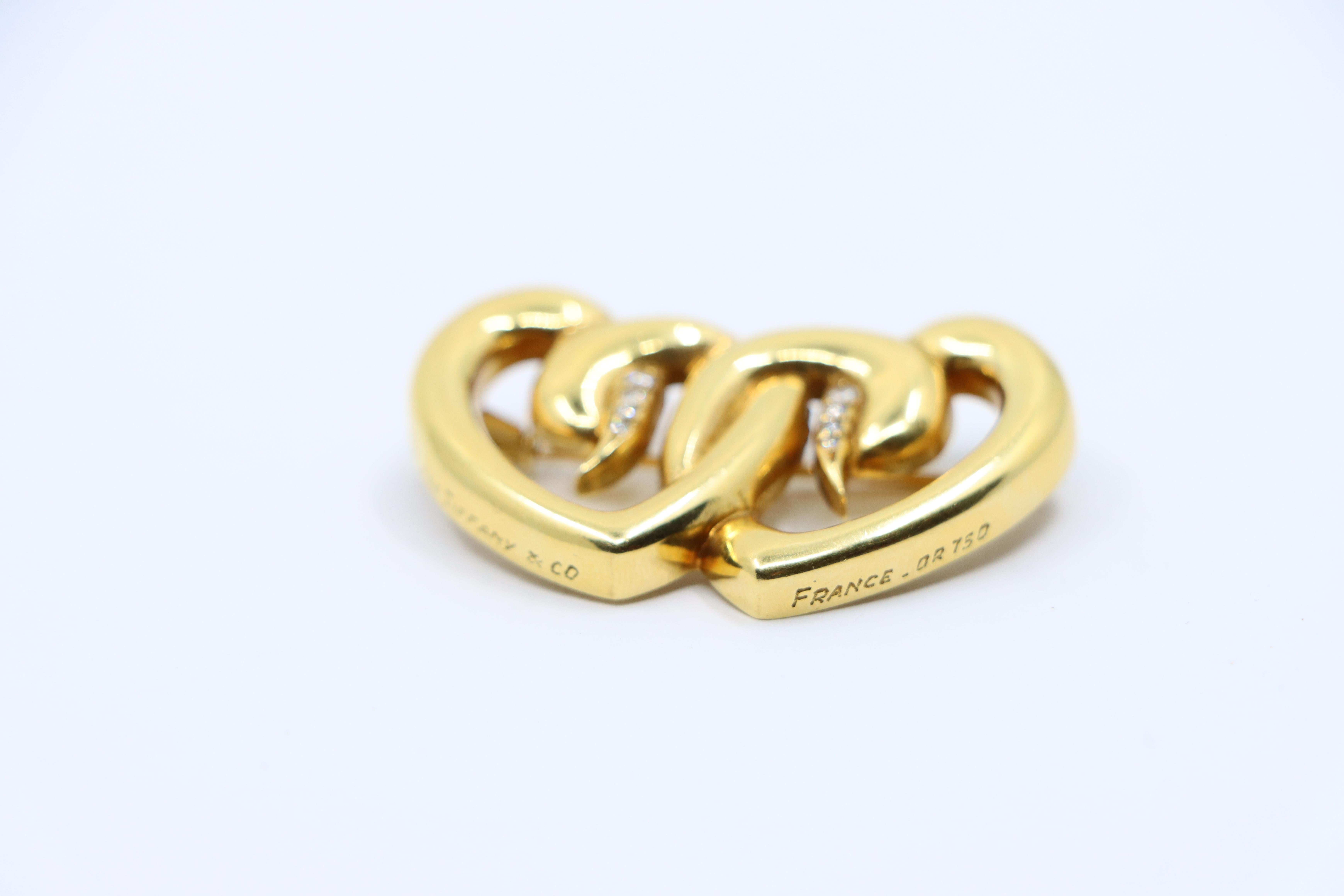 Tiffany & Co. 18K Gold Diamond Paloma Picasso Double Heart Brooch For Sale 6