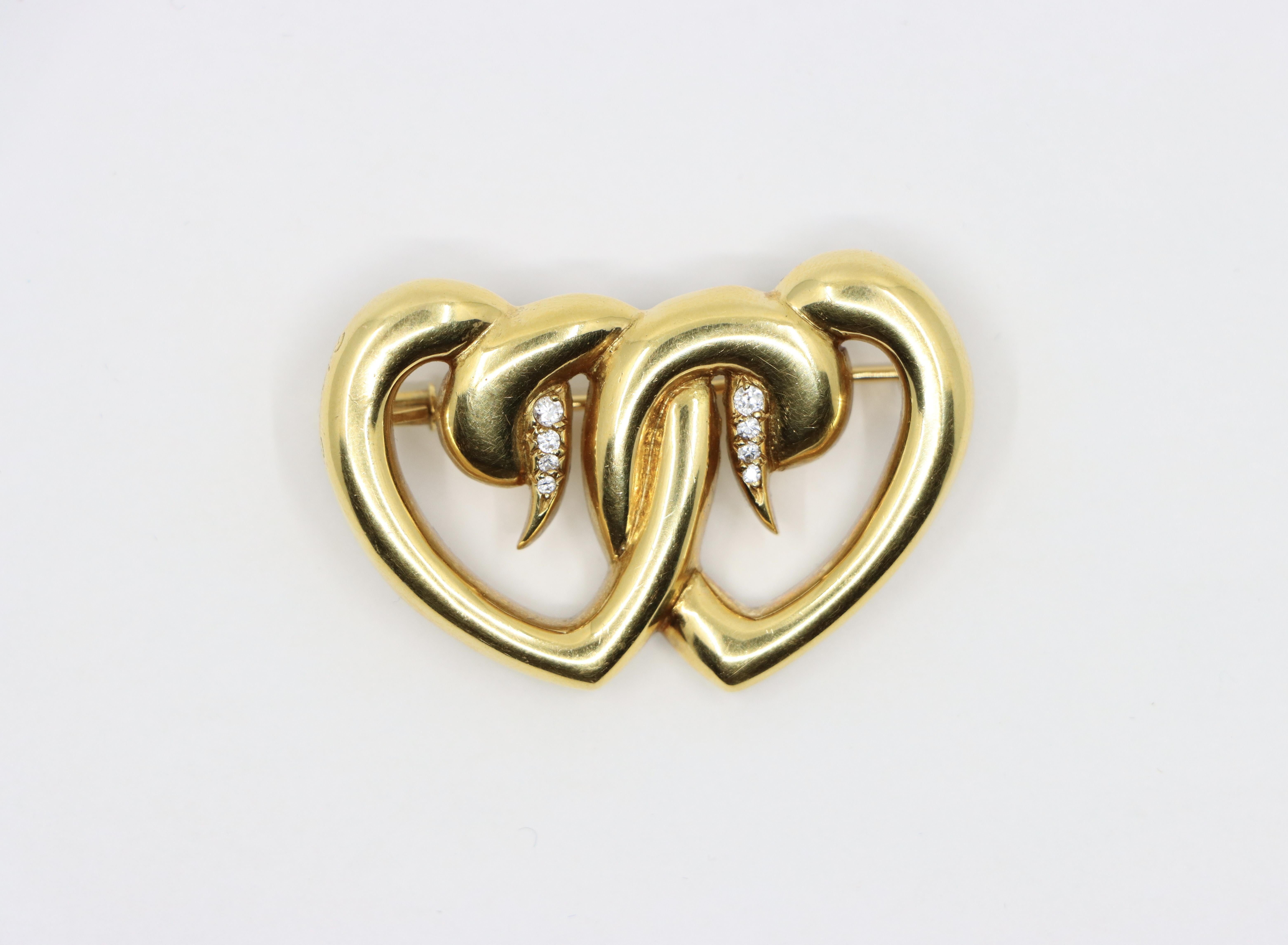 Women's or Men's Tiffany & Co. 18K Gold Diamond Paloma Picasso Double Heart Brooch For Sale