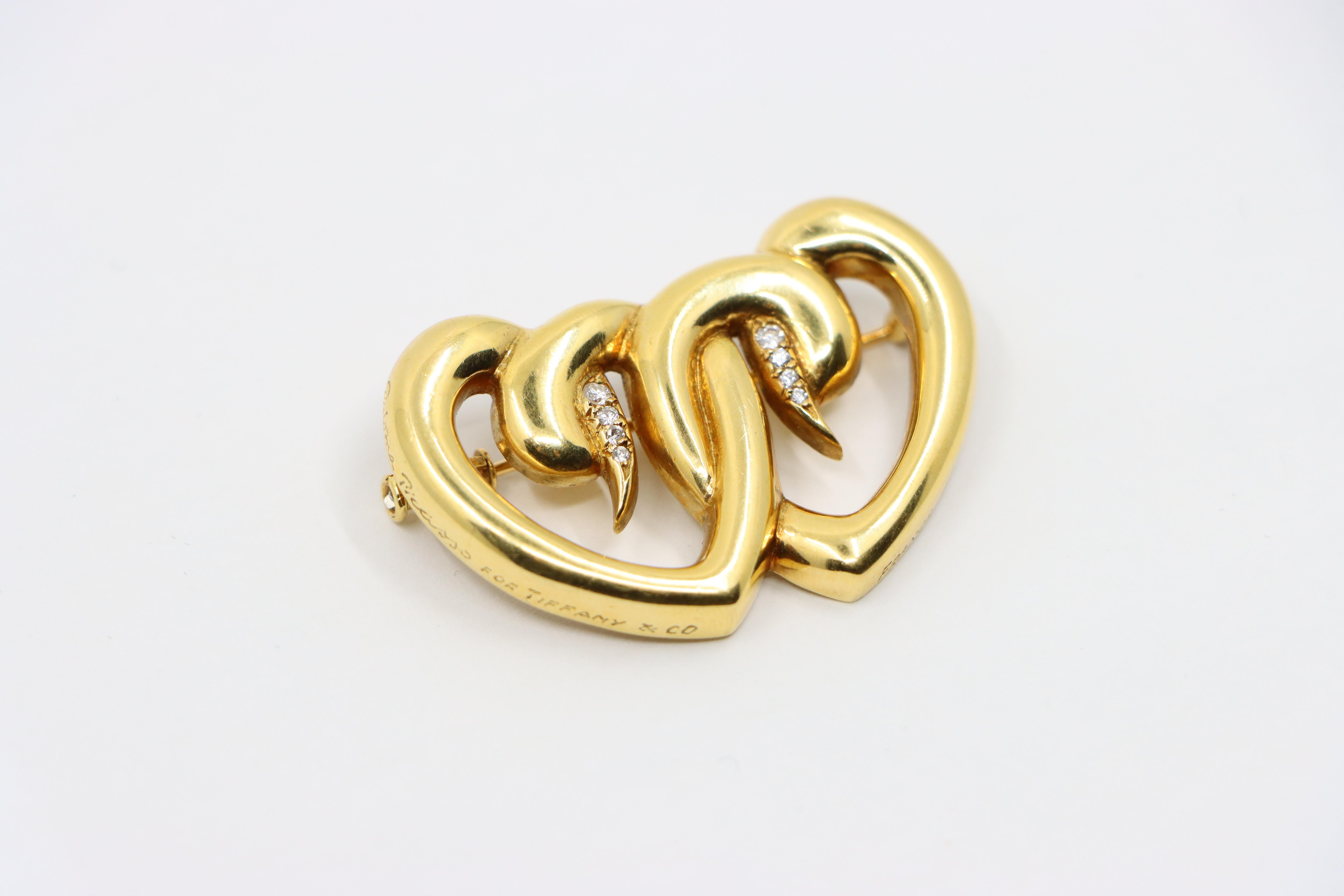 Tiffany & Co. 18K Gold Diamond Paloma Picasso Double Heart Brooch For Sale 1