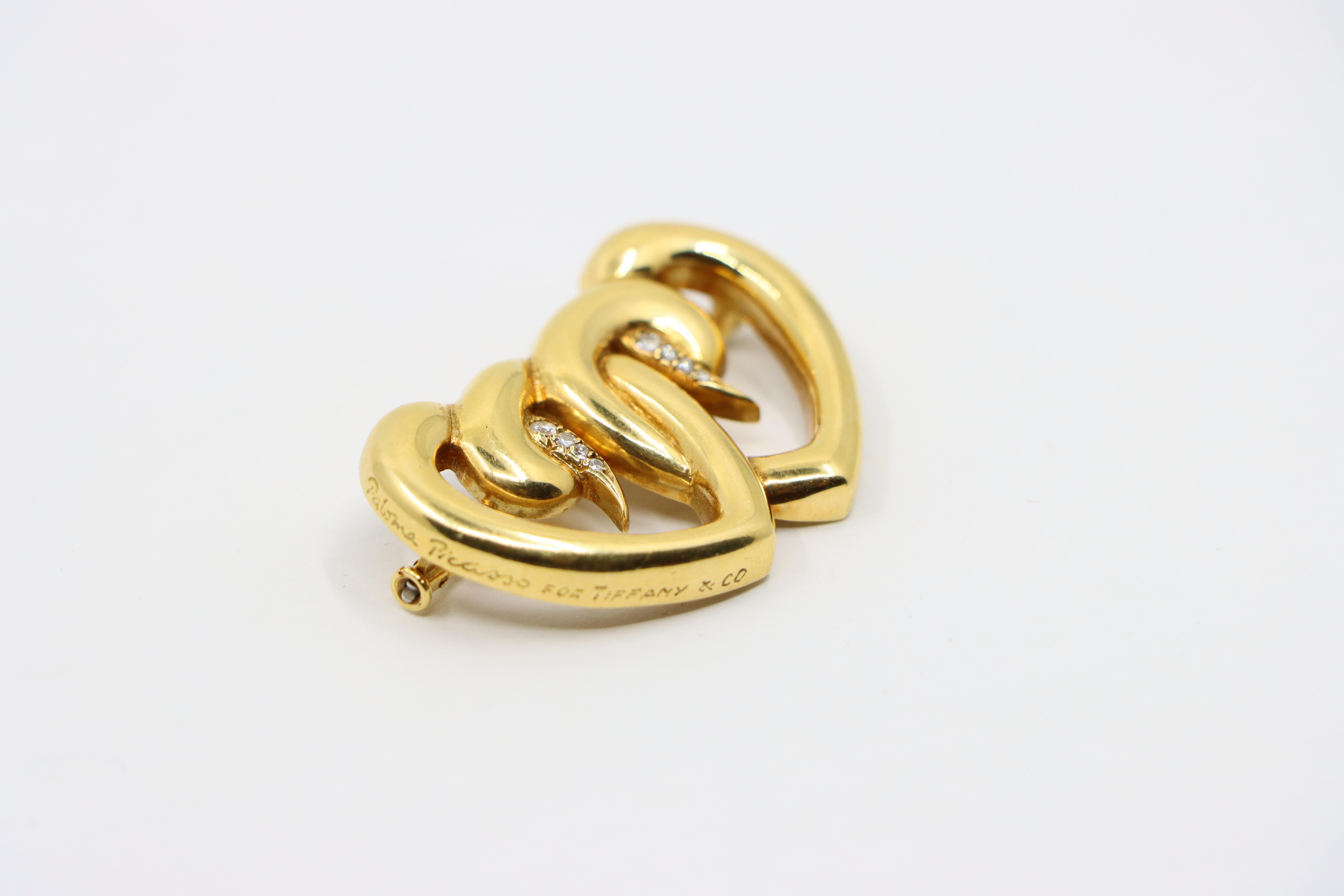 Tiffany & Co. 18K Gold Diamond Paloma Picasso Double Heart Brooch For Sale 3