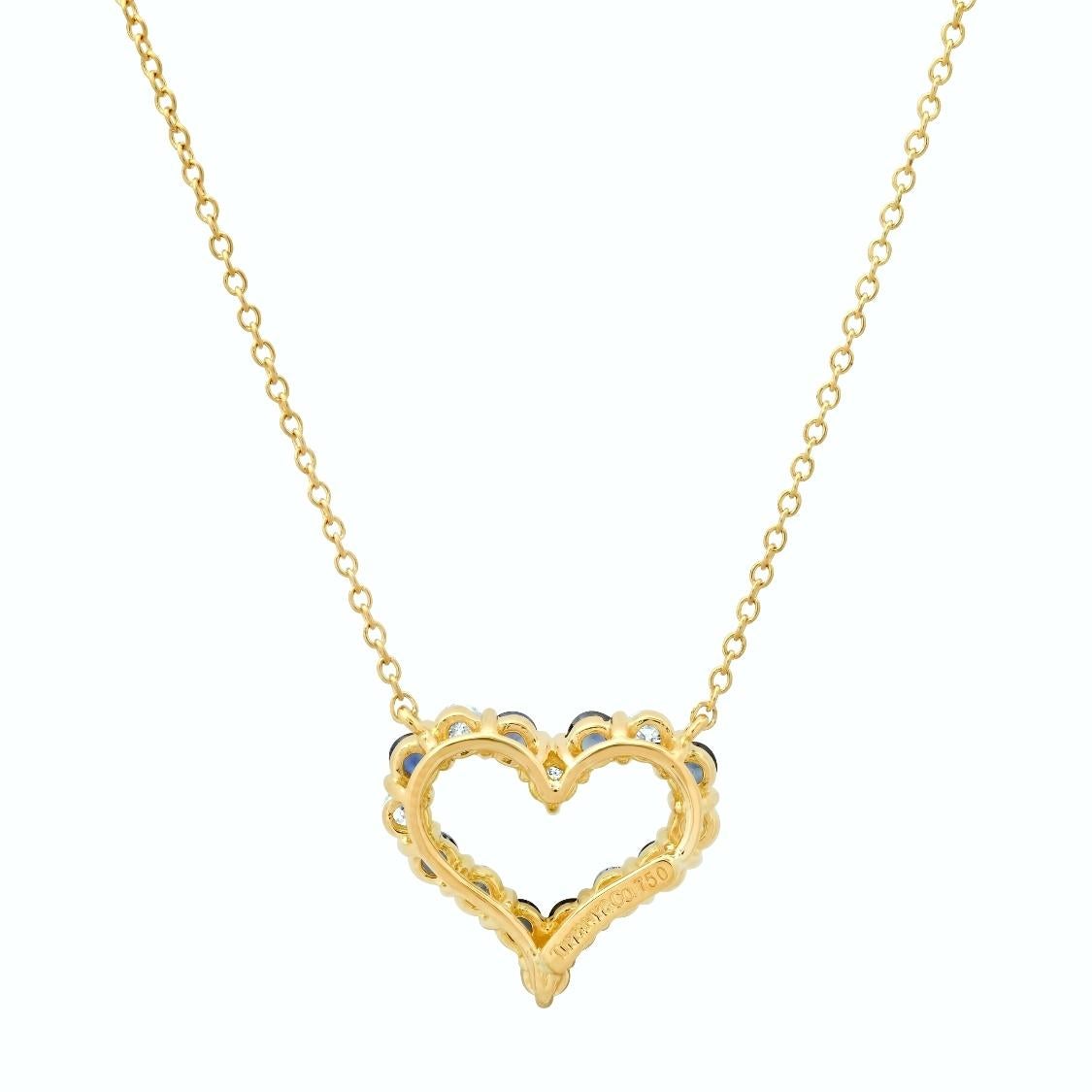 TIFFANY & Co. 18K Gold Diamond Sapphire Heart Pendant Necklace In Excellent Condition In Los Angeles, CA