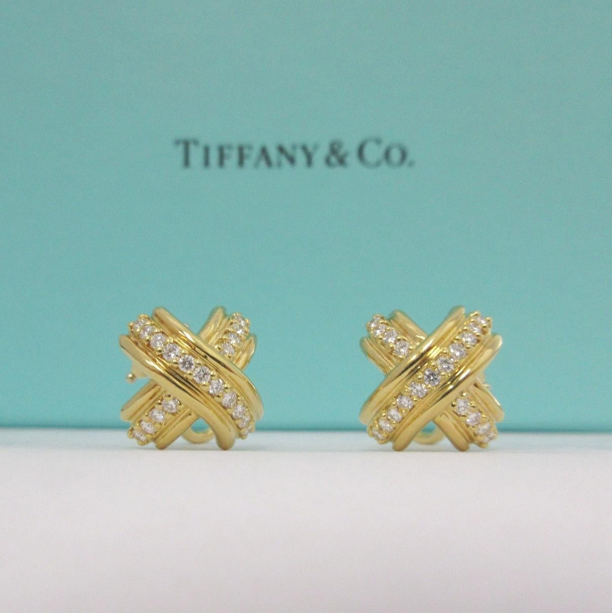 TIFFANY and Co. 18K Gold Diamond Signature X Earrings For Sale at 1stDibs