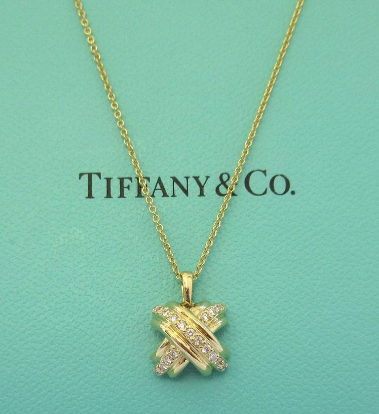 TIFFANY and Co. 18K Gold Diamond Signature X Pendant Necklace For Sale