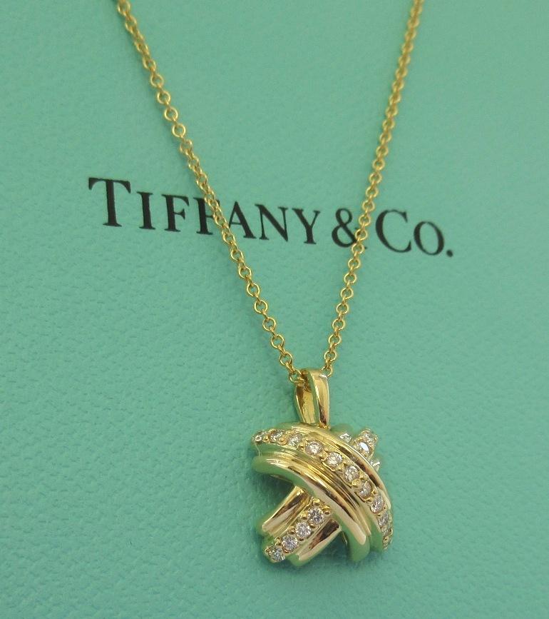 Round Cut Tiffany & Co. 18k Gold Diamond Signature x Pendant Necklace