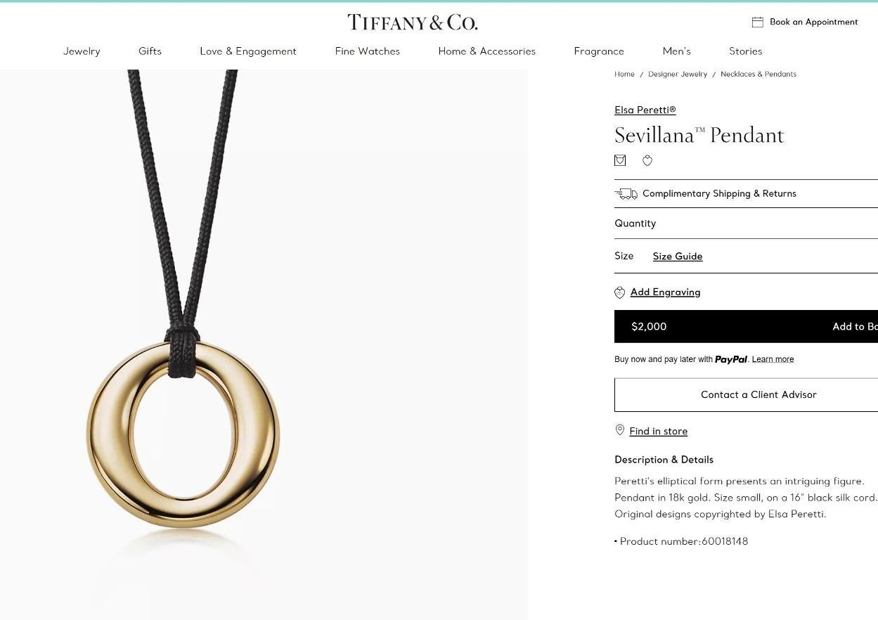 Women's TIFFANY & Co. 18K Gold Elsa Peretti 24mm Wide Sevillana Pendant Necklace For Sale
