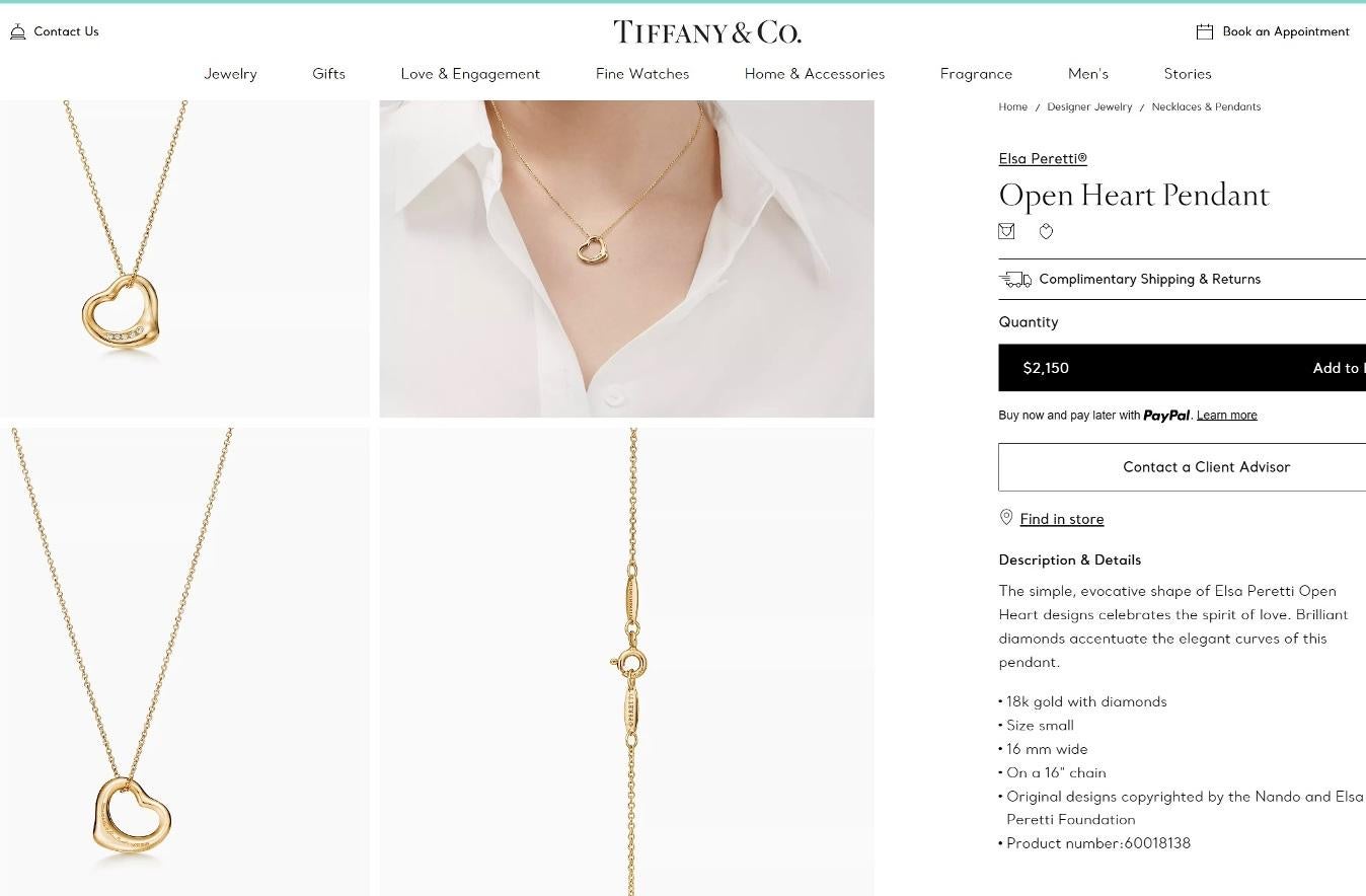 TIFFANY & Co. Elsa Peretti 18K Gold 5 Diamond 16mm Open Heart Pendant Necklace  5