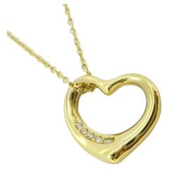 Tiffany & Co. 18k Gold Elsa Peretti 5 Diamond 16mm Open Heart Pendant Necklace
