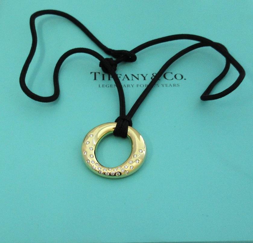 Round Cut Tiffany & Co. 18k Gold Elsa Peretti Diamond Sevillana Pendant Necklace For Sale
