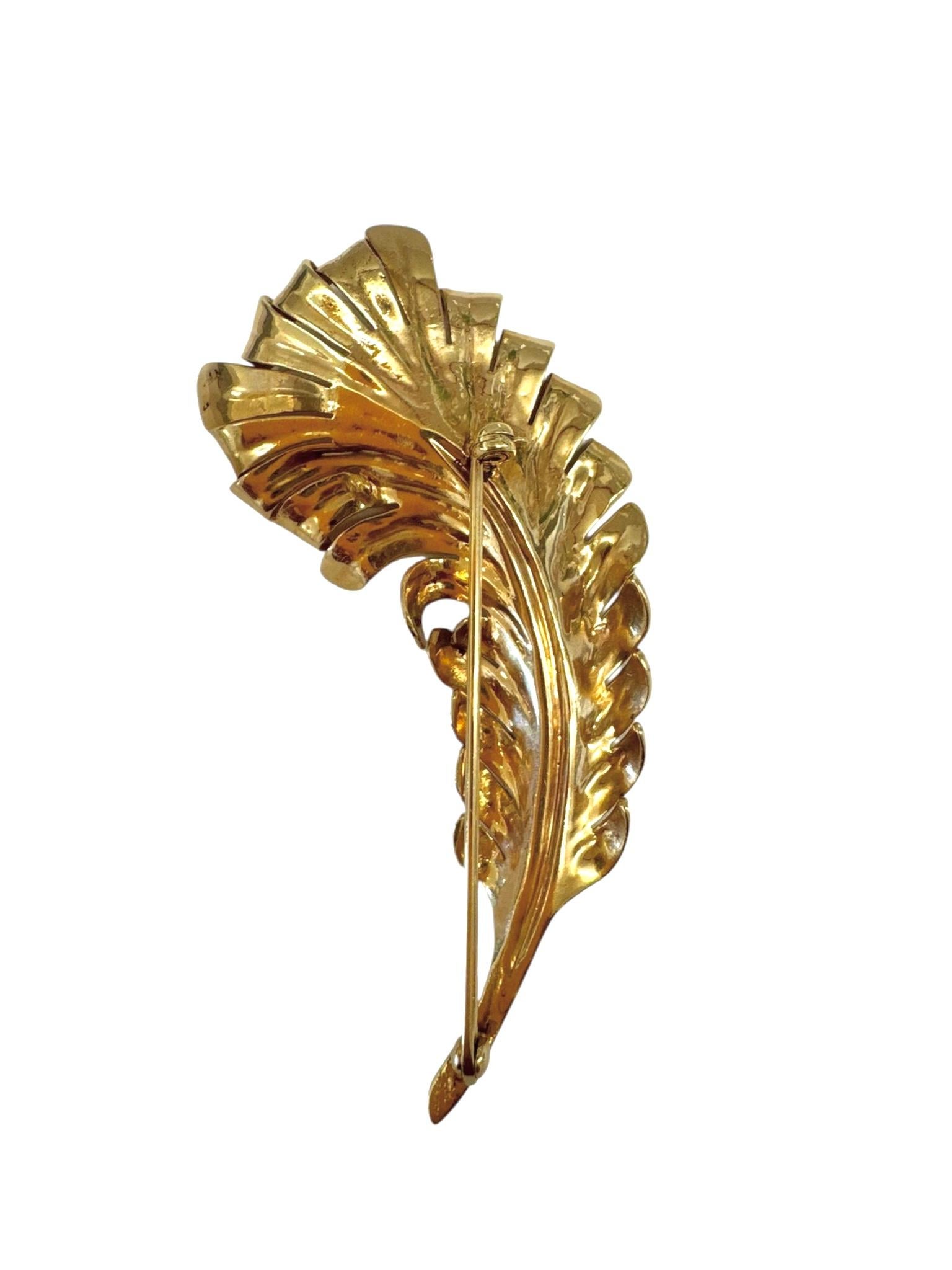 Women's or Men's Tiffany & Co. 18K Gold Feather Brooch with Diamonds For Sale