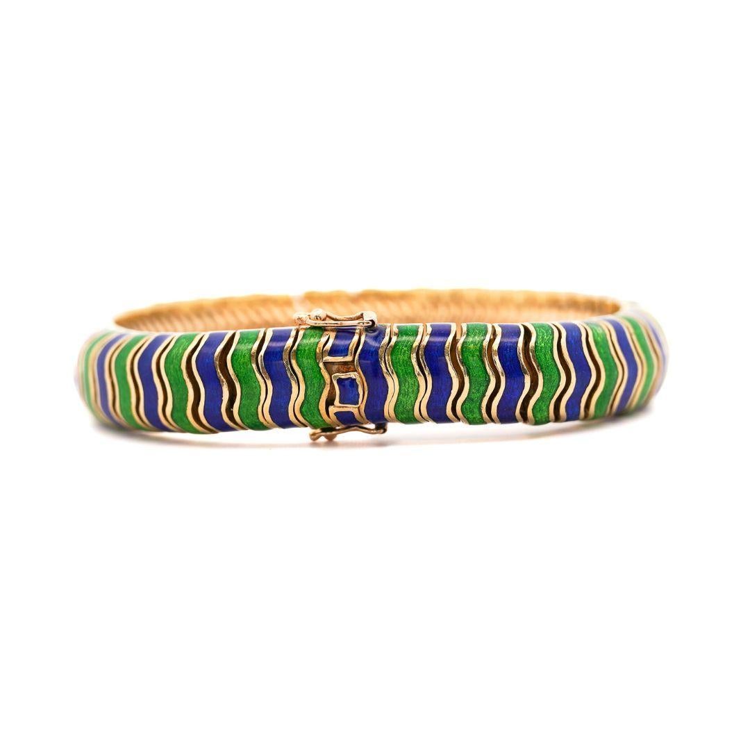 Tiffany & Co. 18K Gold Green and Blue Enamel Earring and Bracelet Set For Sale 5