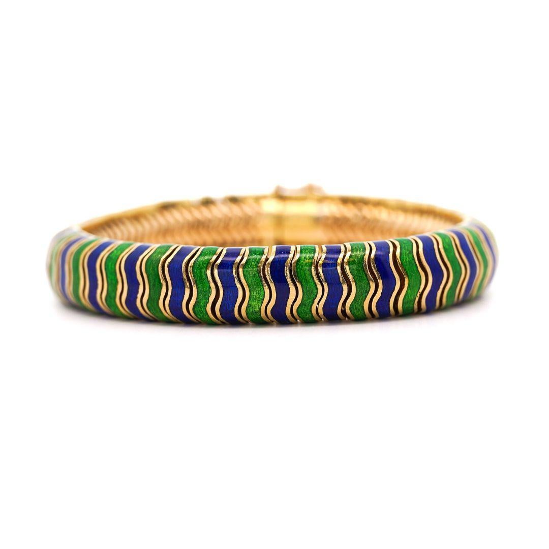 Tiffany & Co. 18K Gold Green and Blue Enamel Earring and Bracelet Set For Sale 2