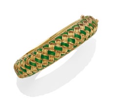 Tiffany & Co. 18k Gold Green Enamel Harlequin Basketweave Bangle, Size 6.5