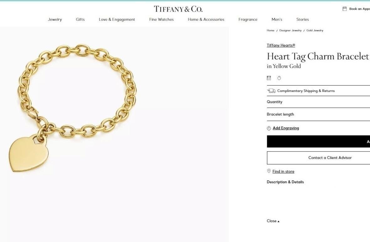 TIFFANY & Co. 18K Gold Heart Tag Charm Bracelet 7.25