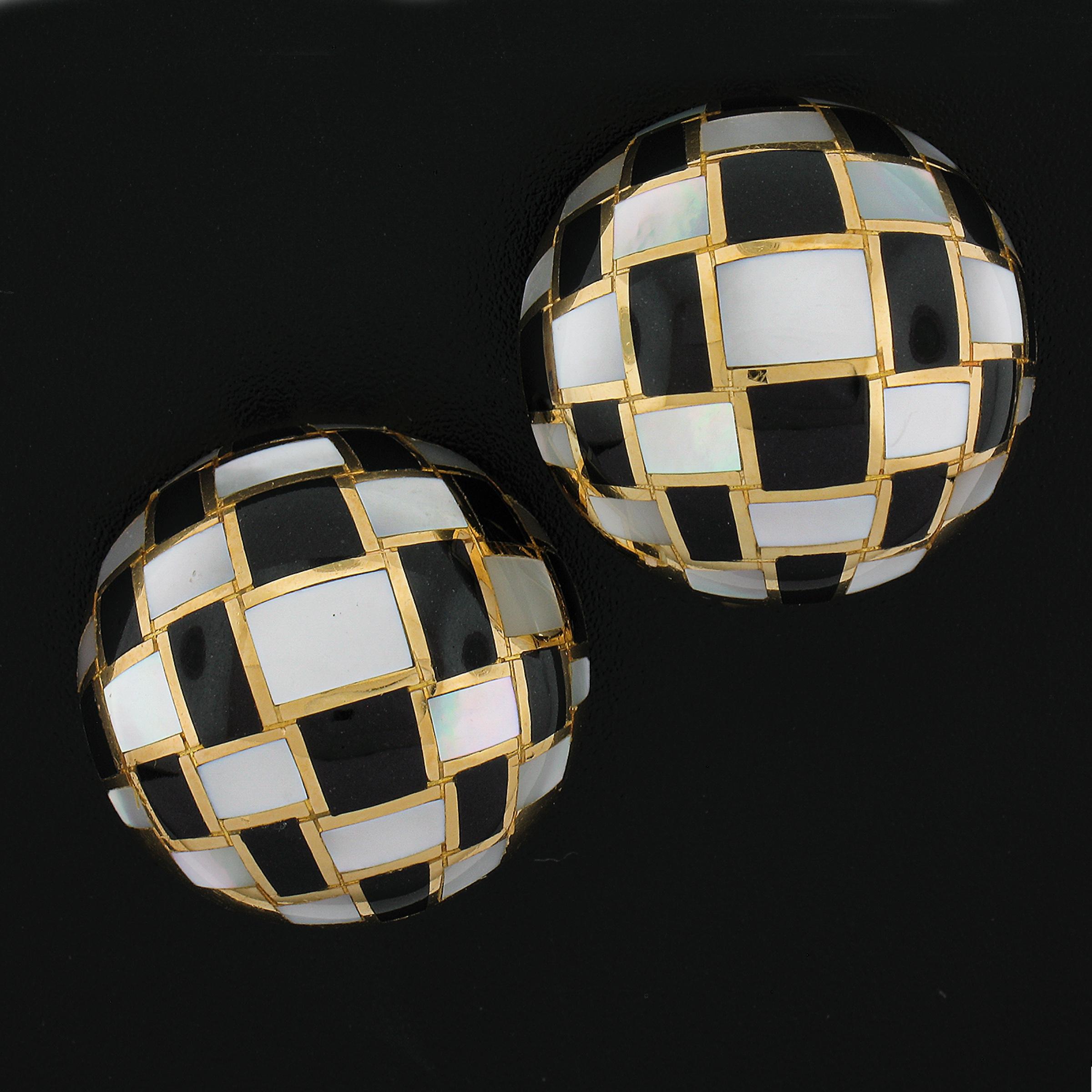 --Stone(s):--
Numerous Natural Genuine Black Onyx & Mother of Pearl - Custom Cut - Inlaid Set - Black & White Color

Material: Solid 18k Yellow Gold
Weight: 25.20 Grams
Backing:	Clip On Closures (Pierced ears are NOT required)
Diameter: 25.2mm (1